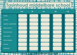 Een schema dat scholieren helpt om te weten wat ze mee naar school moeten nemen Een schema dat scholieren helpt om te weten wat ze op welke dag mee moeten nemen naar school. Vooral handig voor brugklassers.